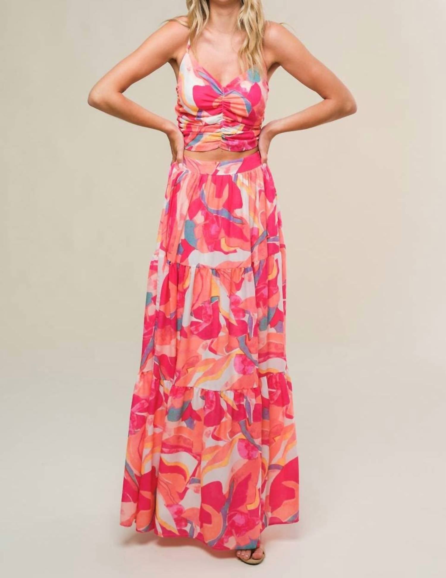 Flying Tomato - Coco Printed Woven Top And Maxi Skirt Set