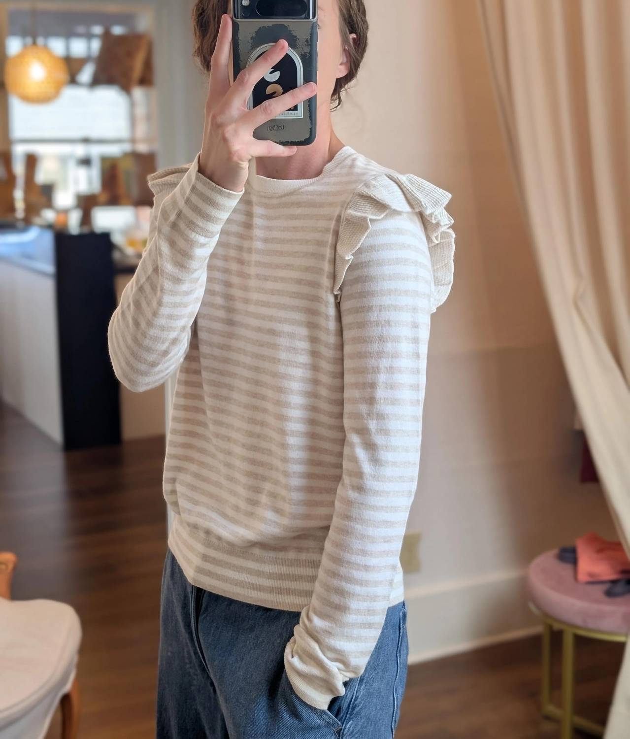 Minnie Rose - Striped Crew With Ruffle Top