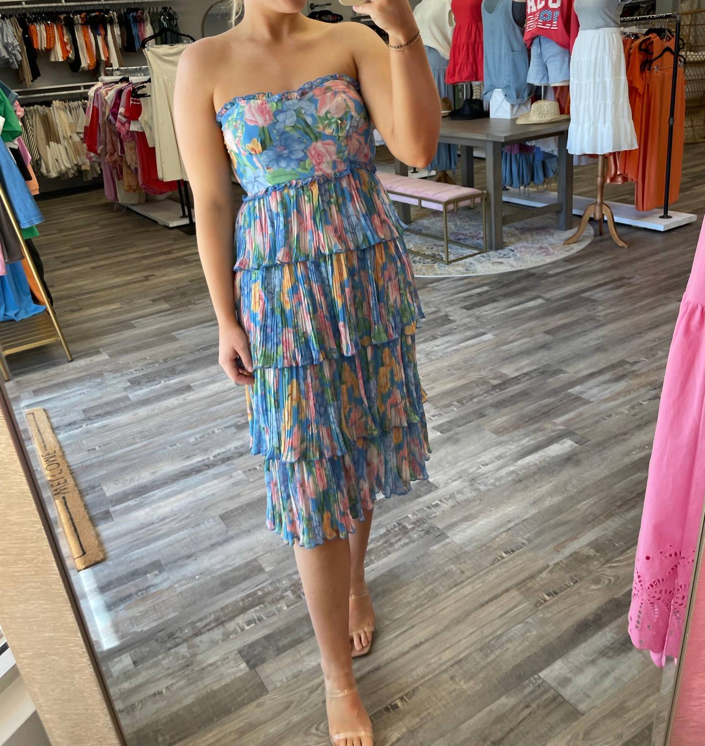 Olivaceous - Pleated Strapless Floral Dress