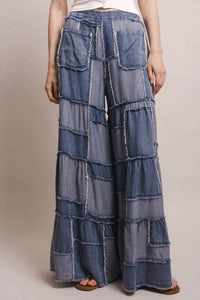 Blue Velvet - Wide Leg Patchwork Chambray Tiered Pants