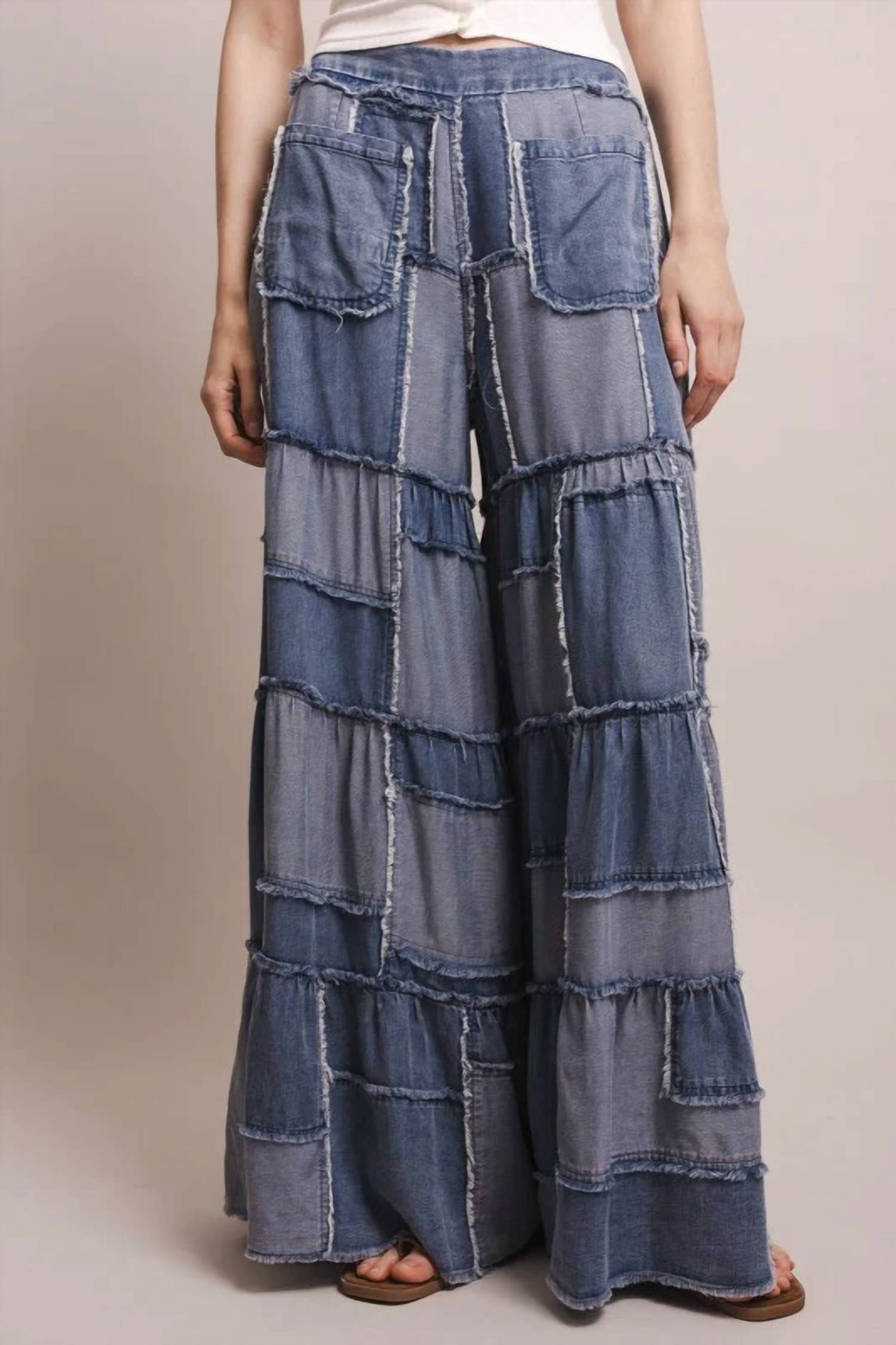 Blue Velvet - Wide Leg Patchwork Chambray Tiered Pants