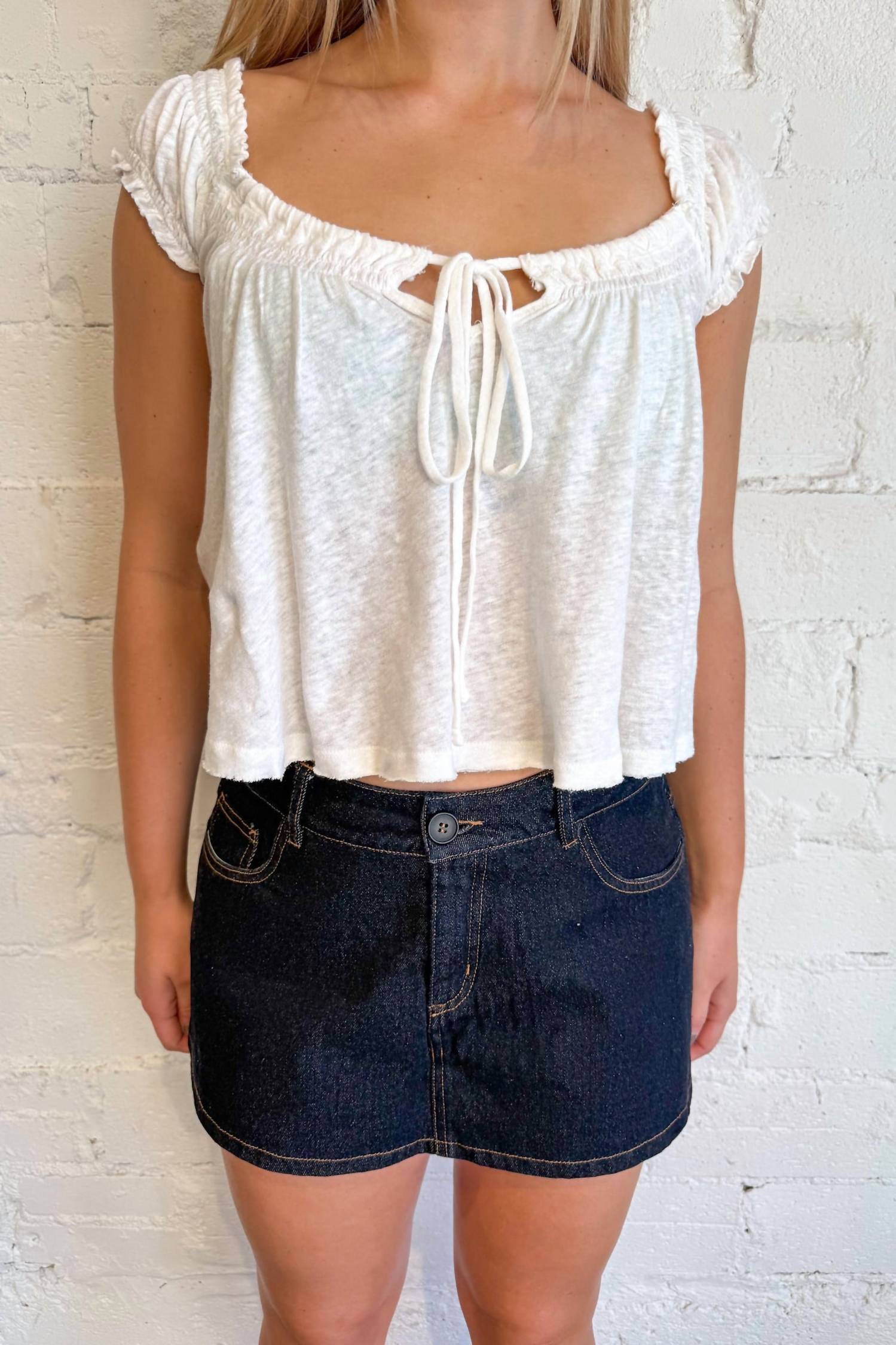 OLIVACEOUS Emerly Feminine Flair Skort in denim - women's shorts - detail view