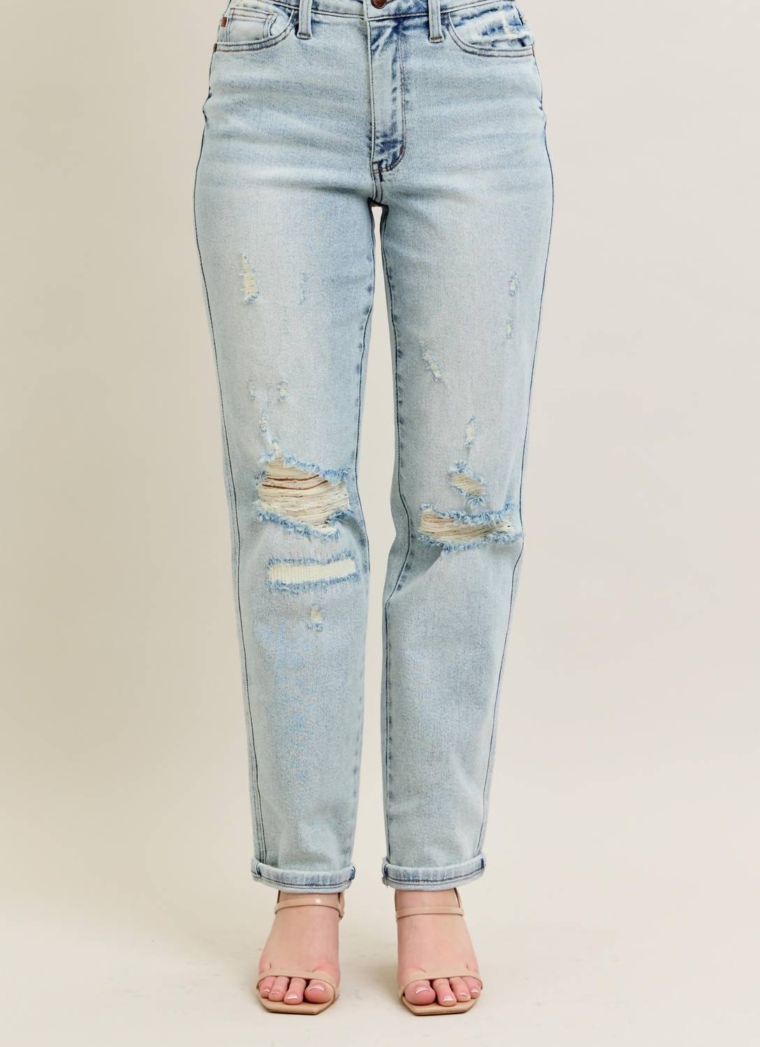 Judy Blue Raina Mid-rise Boyfriend Jean in beige - women's jeans - detail view
