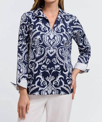 Foxcroft Agnes Printed Damask Long Sleeve Shirt in blue - women's shirt