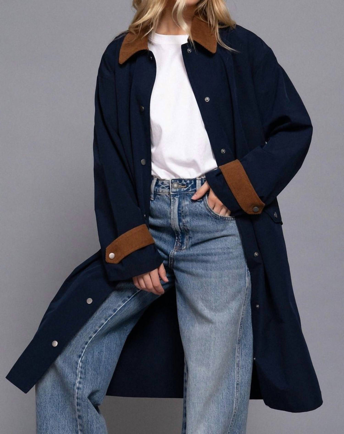 Active Basic - Long Sleeve Contrast Collar Button Down Trench Coat