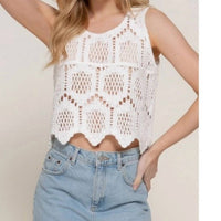 Active Basic - Sleeveless Round Neck Cotton Crochet Crop Tank Top
