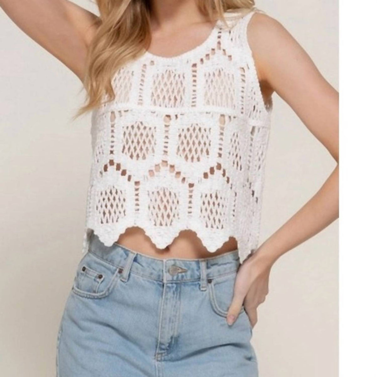 Active Basic - Sleeveless Round Neck Cotton Crochet Crop Tank Top