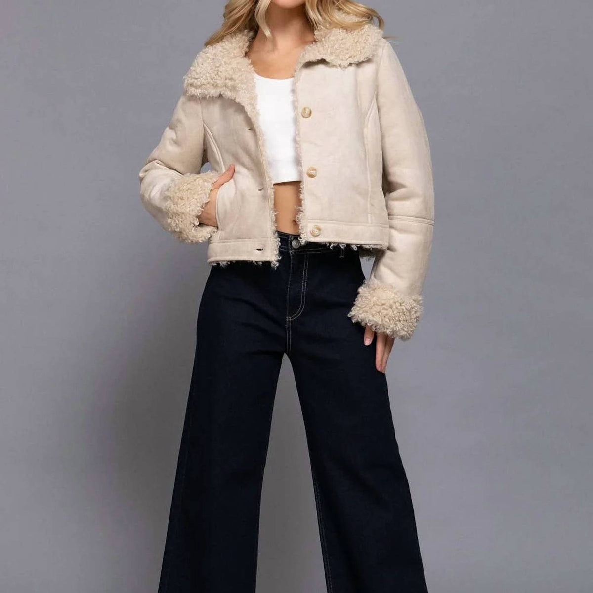 Active Basic - Suede Short Jacket With Faux Fur Lining