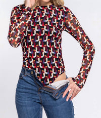 Active Usa - Long Sleeve Printed Mesh Bodysuit