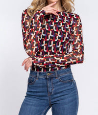 Active Usa - Long Sleeve Printed Mesh Bodysuit