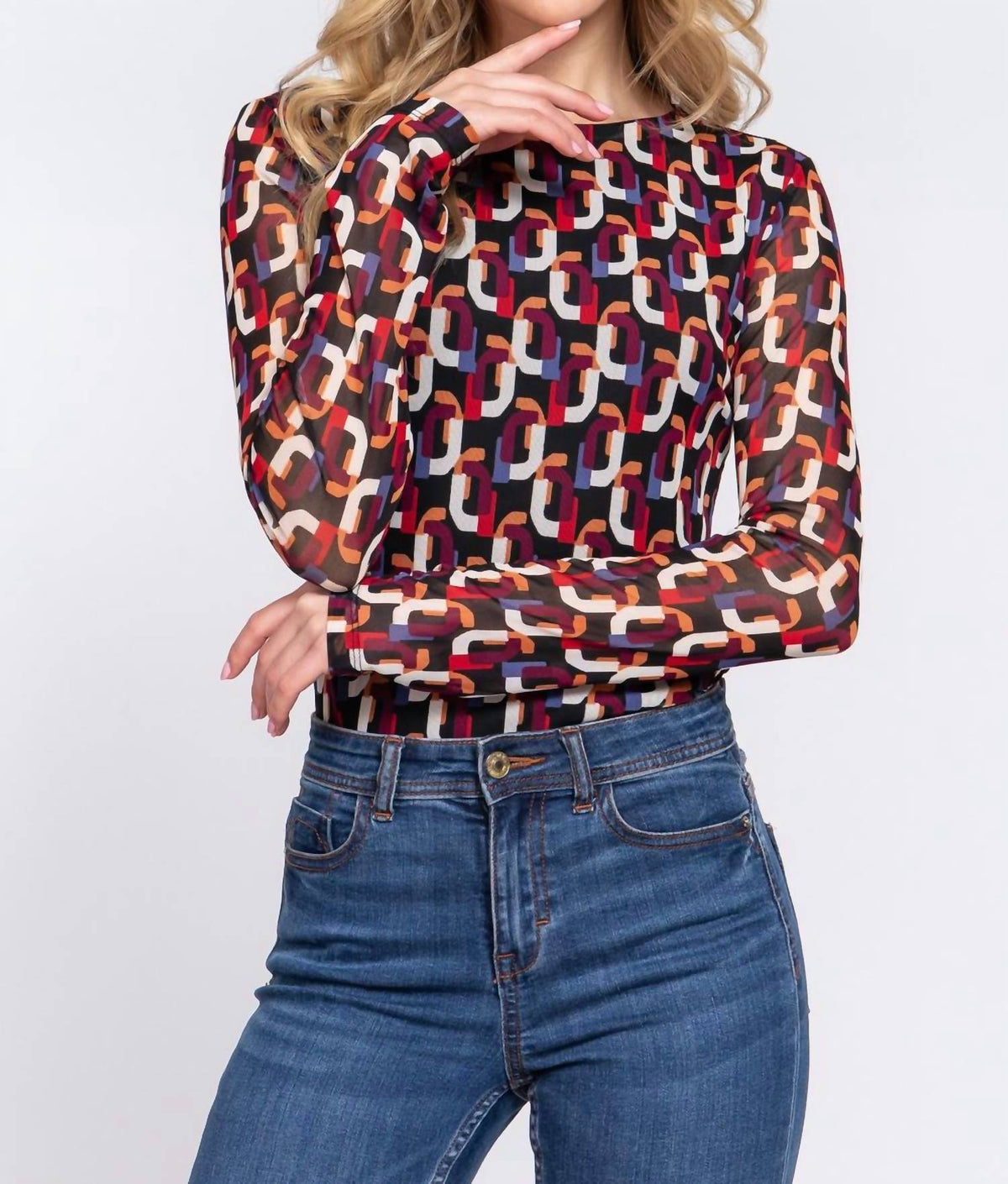 Active Usa - Long Sleeve Printed Mesh Bodysuit