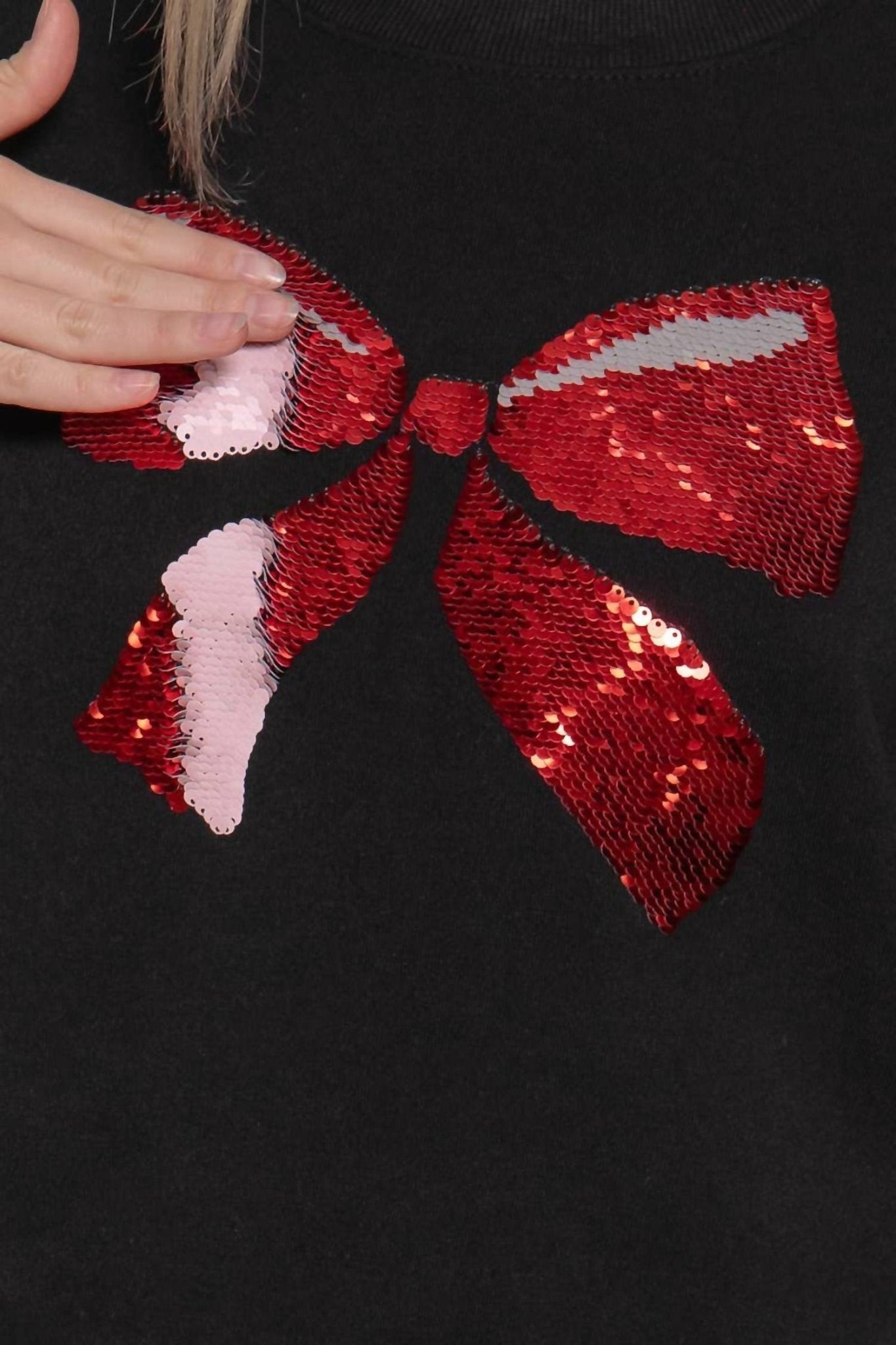 Active Usa - Sequin Bow Fleece Sweatshirt - black - clothing - crew