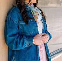 Listicle Heart Pocket Oversized Shirt in light denim - women's long sleeve top - detail view