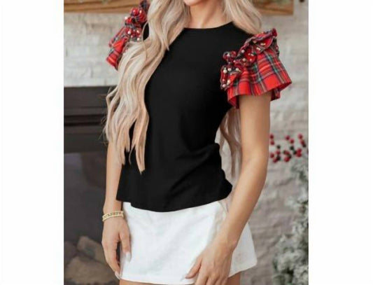 1 The Woman - Plaid Pearl-embellished Ruffle Sleeves Top