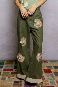 Pol - Charleston Wide Leg Denim Daisy Patchwork Cuff Jeans