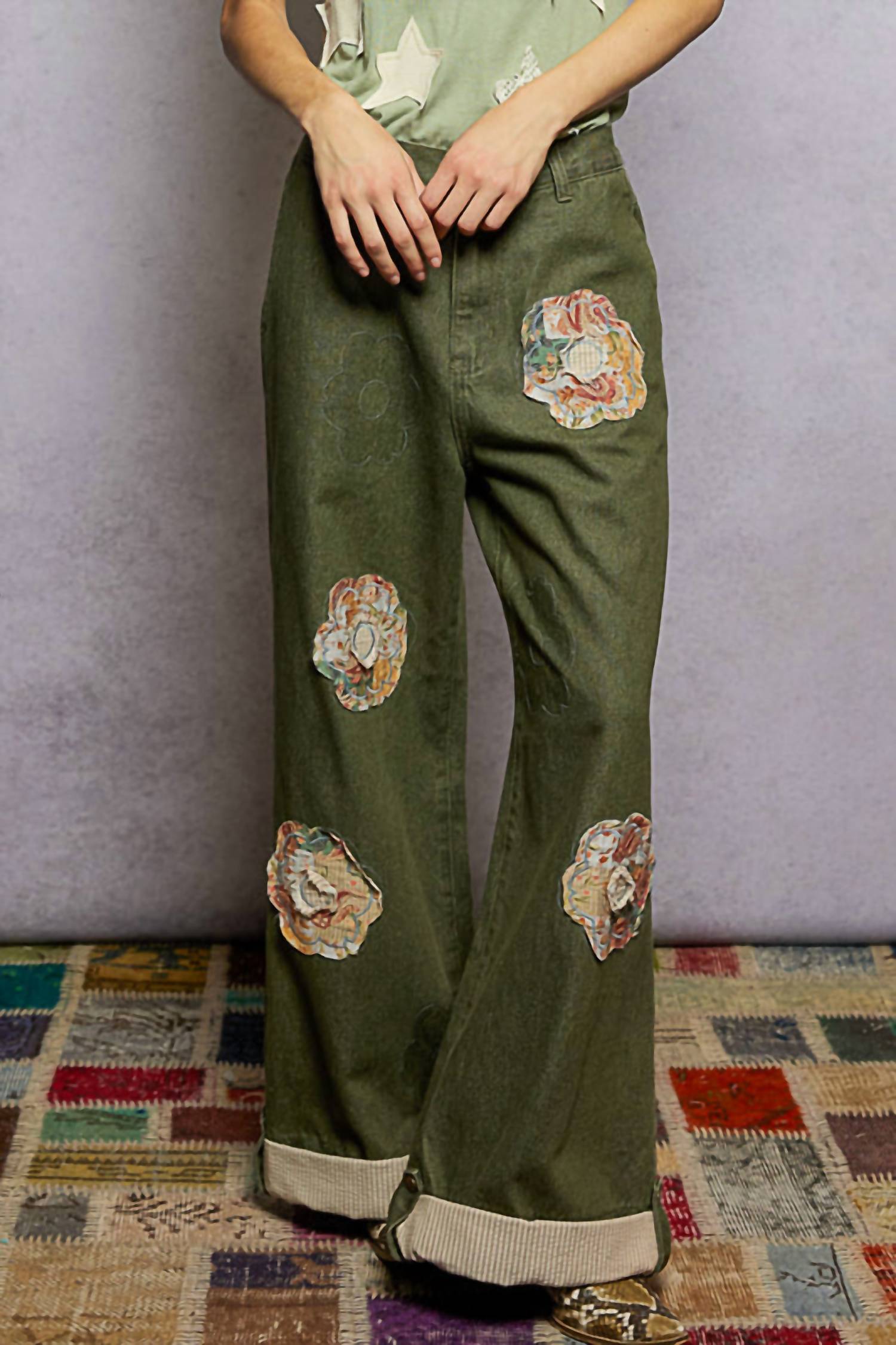 Pol - Charleston Wide Leg Denim Daisy Patchwork Cuff Jeans