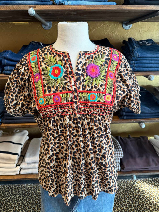 Sister Mary - Women's Fabiola Leopard Embroidered Top