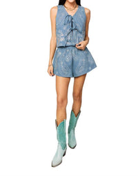 QUEEN OF SPARKLES Sequin Paisley Print Tie Tank in denim - women's tank top - view 4