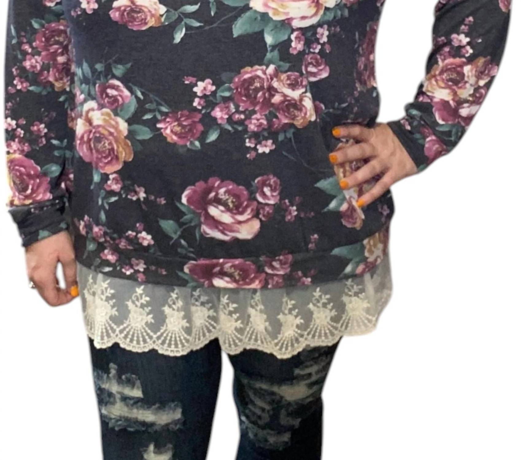 Honeyme - Floral Lace Hem Tee