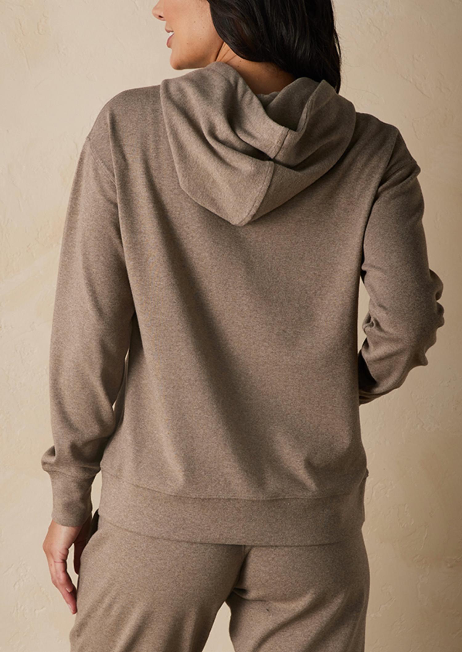 The Normal Brand Puremeso Everyday Hoodie in taupe - women's top - detail view
