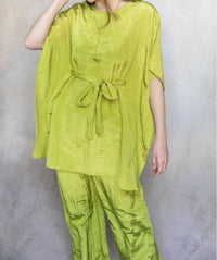 Before You Lemongrass Satin Tie Front Tunic in green - women's shirt