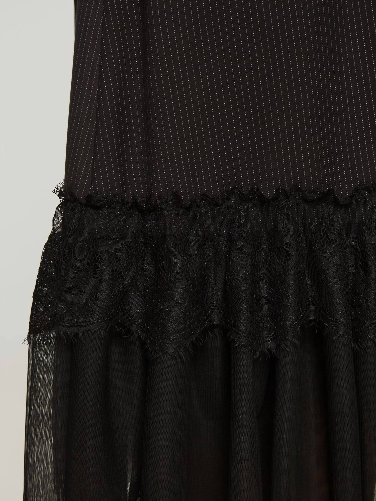 Mat Fashion - PINSTRIPE SHIFT DRESS WITH LACE HEM