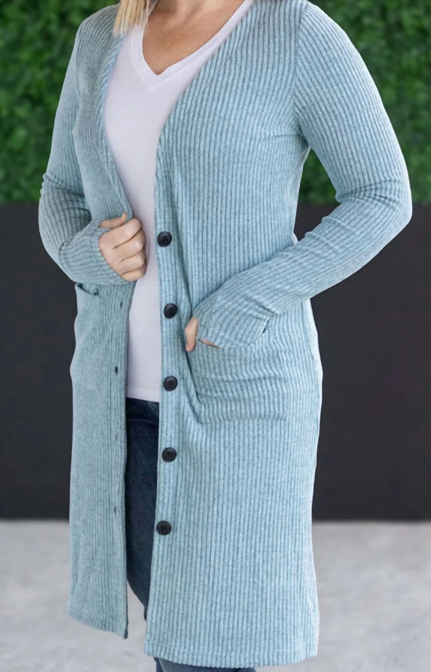 Michelle Mae Rachel Ribbed Cardigan With Pockets in blue - women's cardigan - detail view