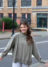 BUCKETLIST Vintage Wash Print Mockneck Lightweight Sweatshirt in olive - women's top