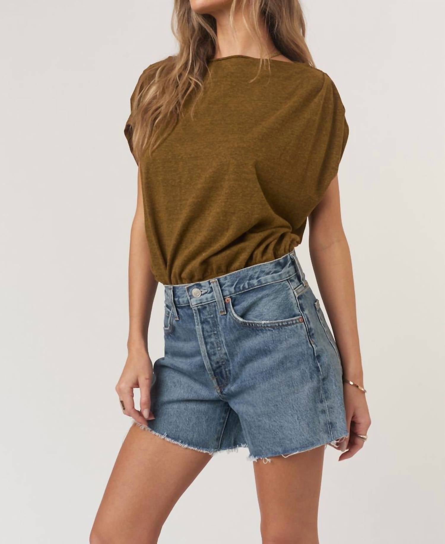 PROJECT SOCIAL T Estelle Heathered Pleated Shoulder Tee in cinnamon - women's t-shirt