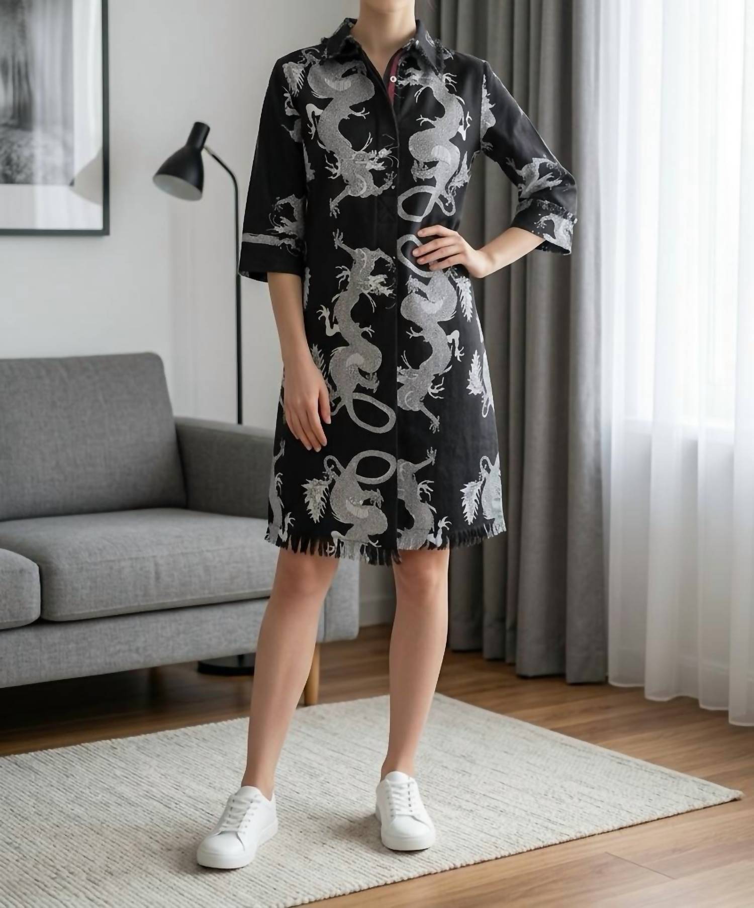 Dizzy-Lizzie Chatham denim dragon dress in black white - women's dress
