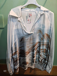 Made In Italy - Women's Silk Collared V-neck Long Sleeve Top With Print