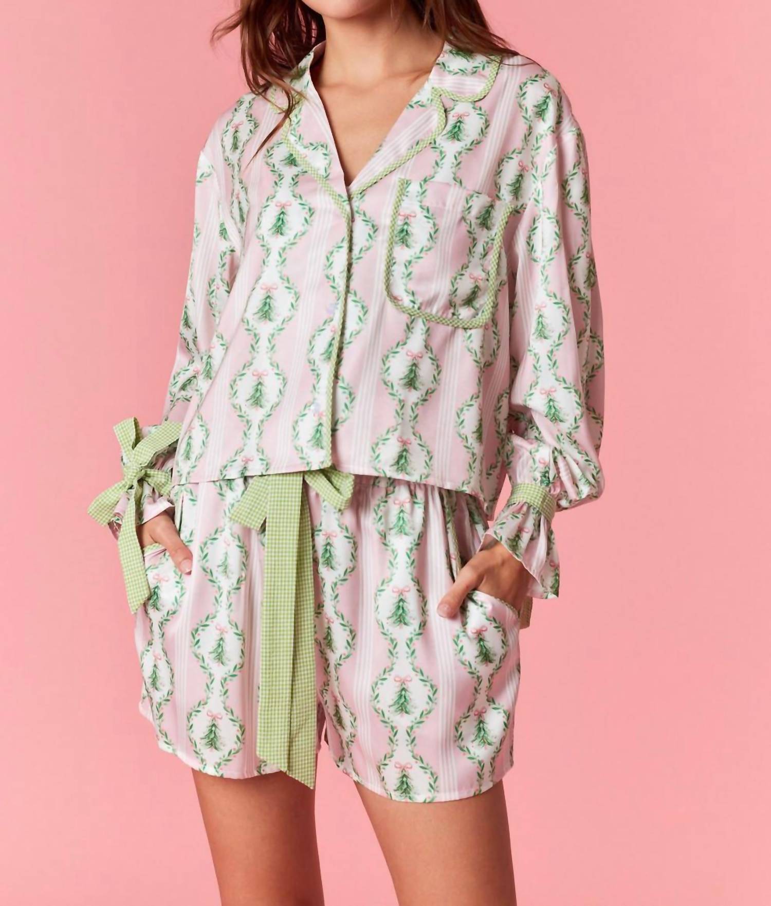 Peach Love Under The Tree Satin Christmas Pajama Set in pink green - women's sleepwear