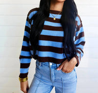 Blu Pepper - Women's Stripe Exposed Seam Long Sleeve Cropped Sweater
