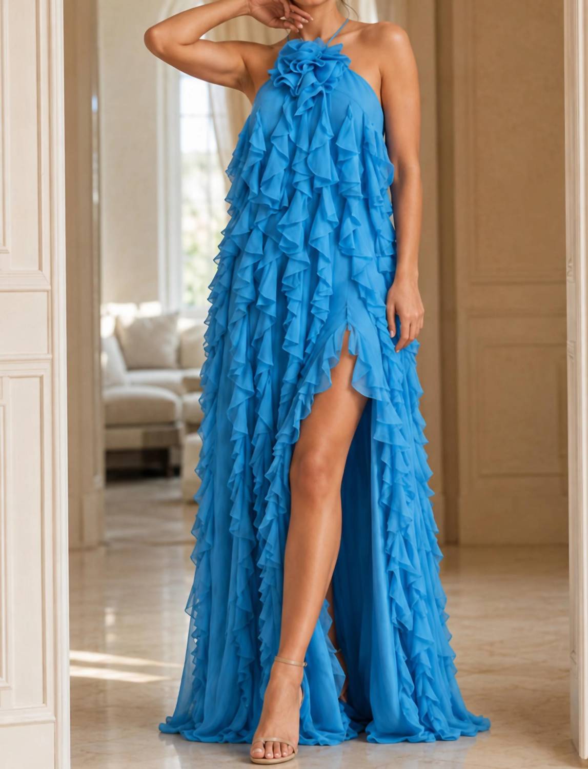 Jovani - Halter Gown With Cascading Ruffle