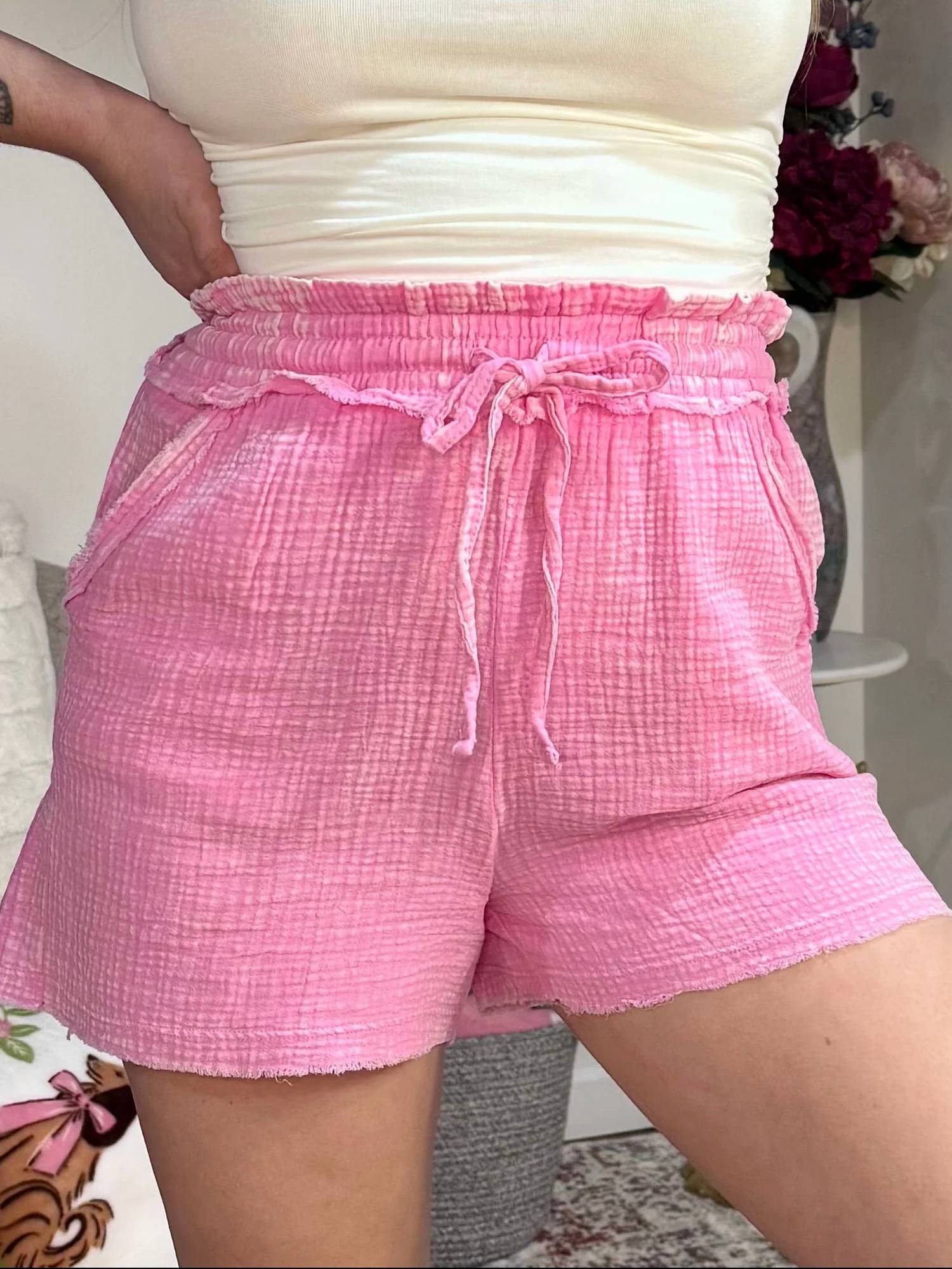 Zenana - Pippa Washed Double Gauze Frayed Hem Drawstring Shorts