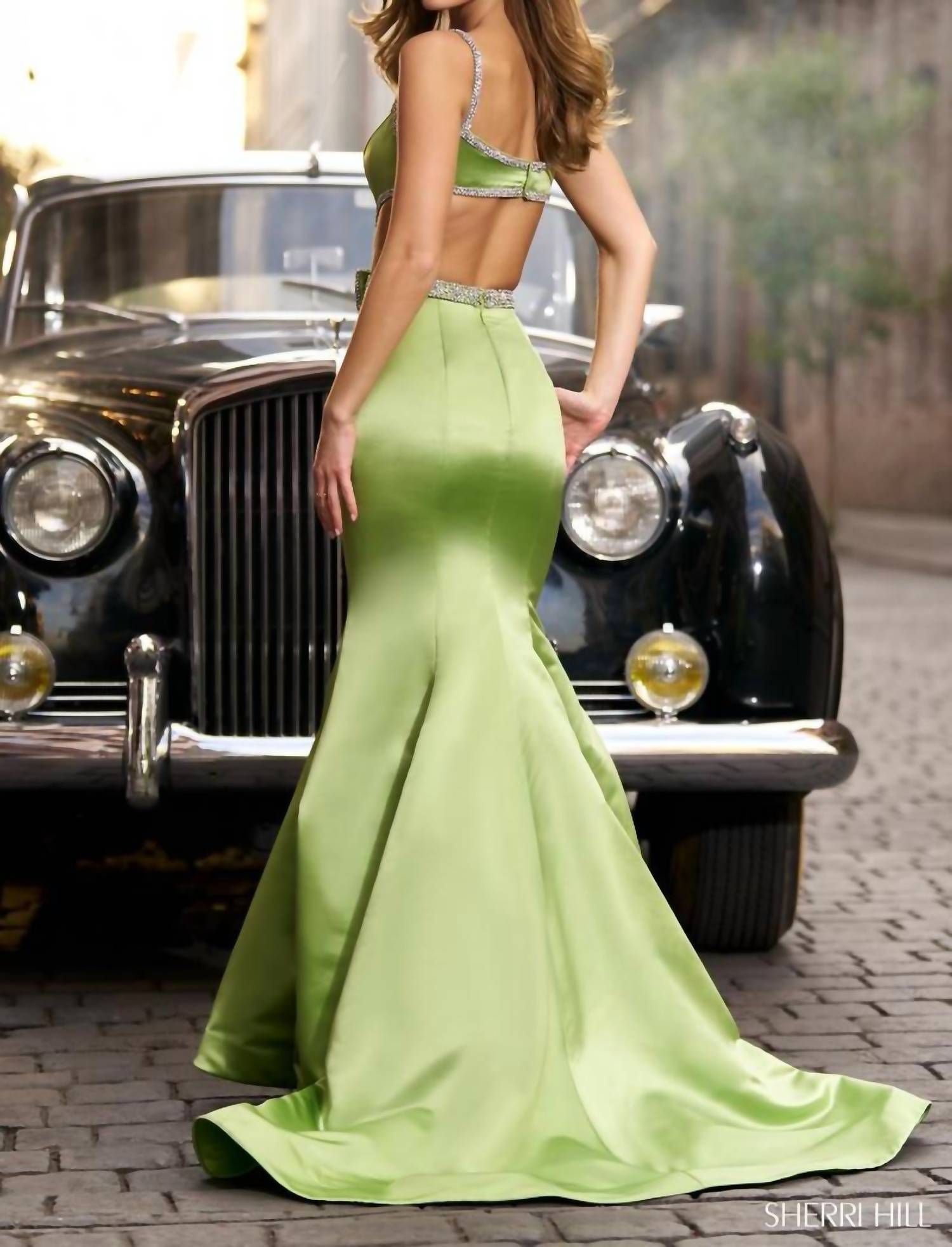 Sherri Hill Embellished Cutout Dress in chartreuse - women's dress - detail view