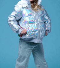 Lola + The Boys Kid's Hologram Rainbow Puffer in silver rainbow - kids' jacket