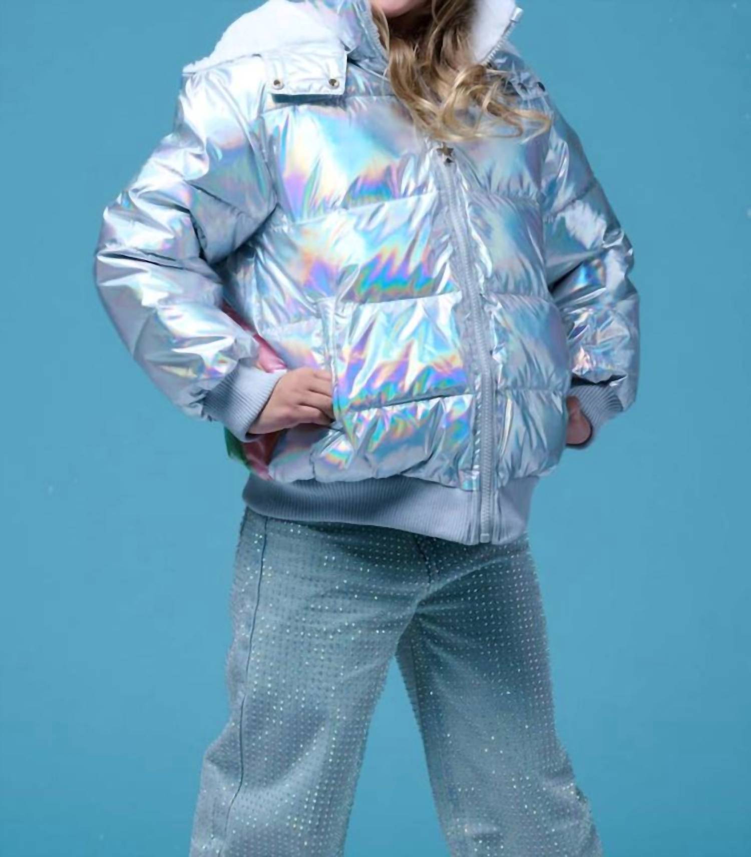 Lola + The Boys Kid's Hologram Rainbow Puffer in silver rainbow - kids' jacket