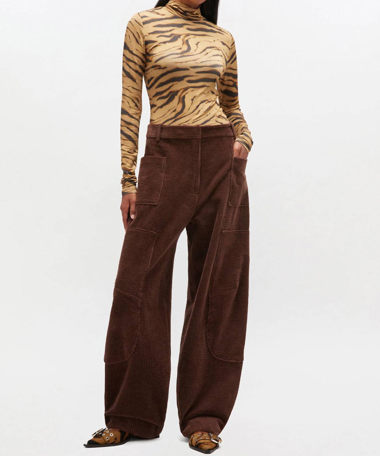 GANNI Seersucker Corduroy Curved Pants in chicorycoffee - women's pants - detail view