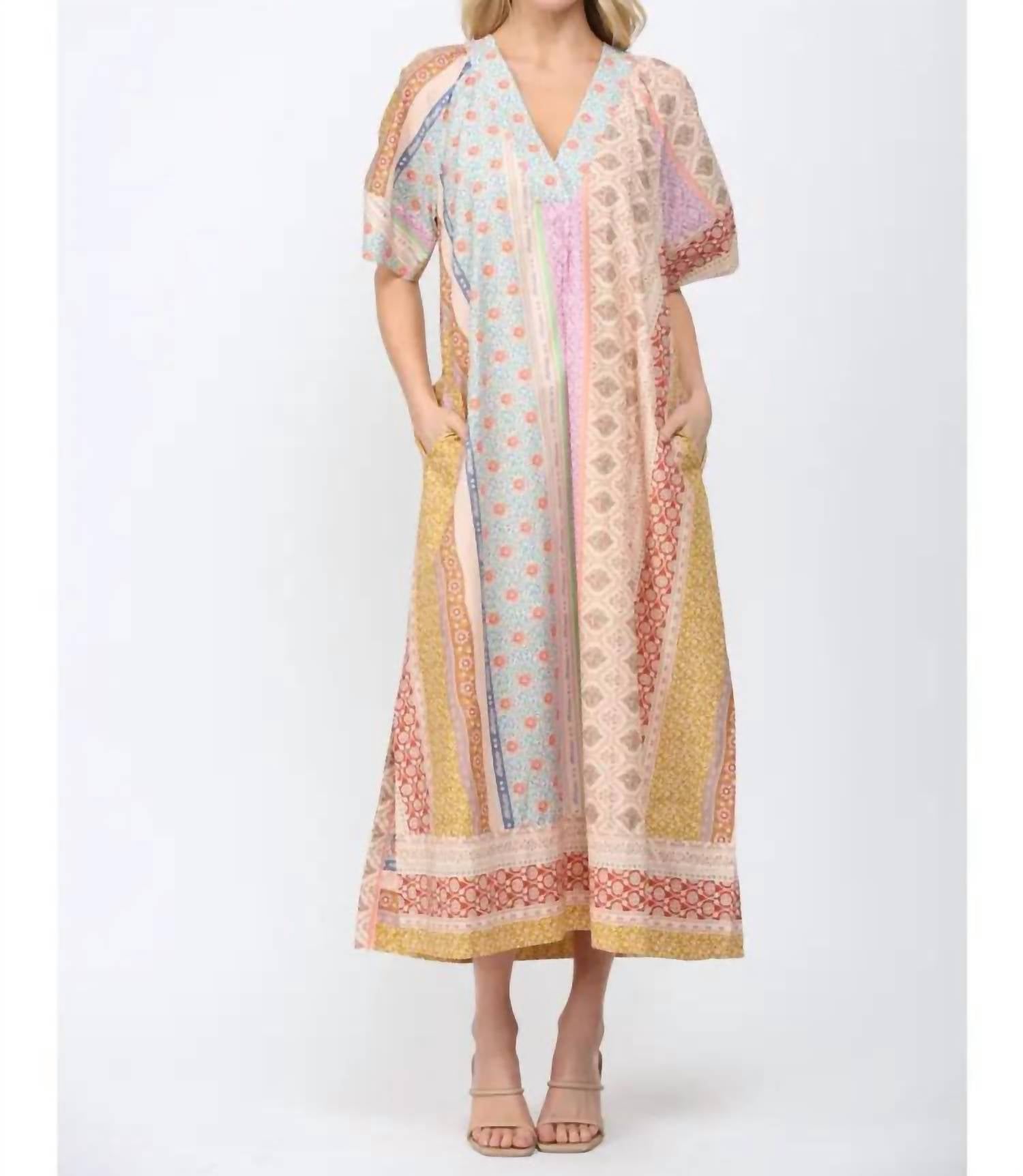 Fate - Patchwork Print Deep V-neckline Kaftan Midi Dress