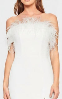 Faviana - Feather Trim Dress With Leg Slit