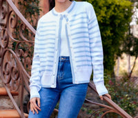 Karen Kane Long Sleeve Stripe Cardigan Sweater - Petite in blue with off white - women's cardigan - view 5