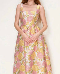 B.Right - Floral Jacquard Square Neck Midi Dress
