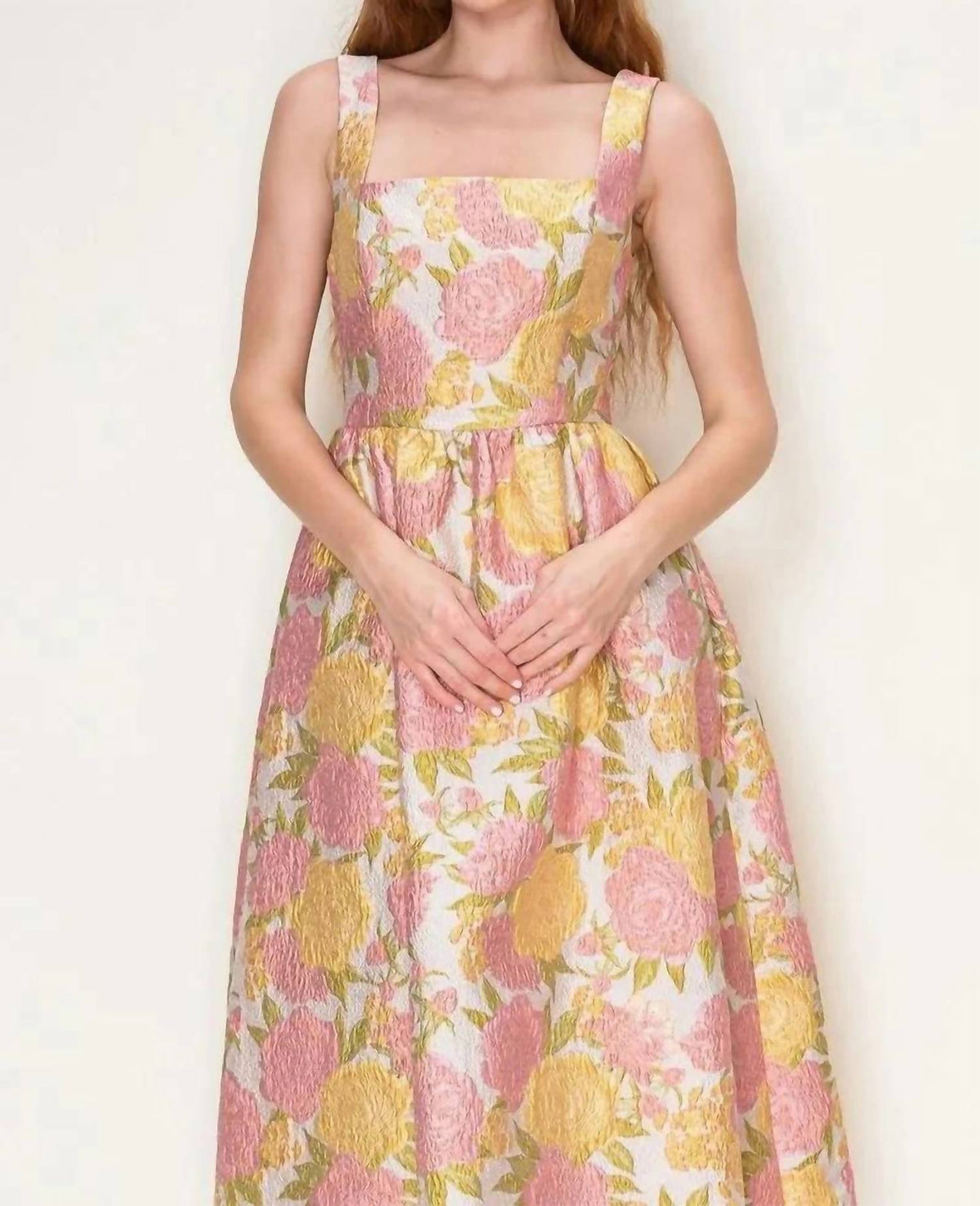 B.Right - Floral Jacquard Square Neck Midi Dress