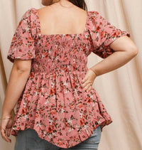 Oddi - Floral Printed Babydoll Square Neck Top - Plus