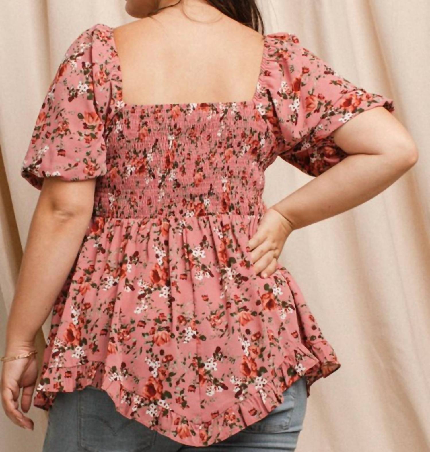 Oddi - Floral Printed Babydoll Square Neck Top - Plus
