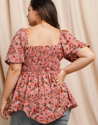 Oddi - Floral Printed Babydoll Square Neck Top - Plus
