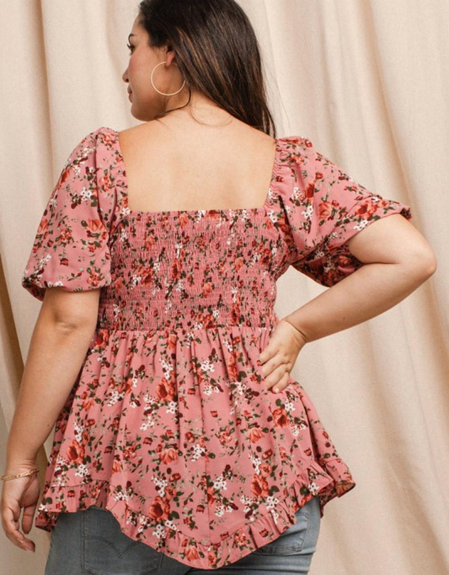 Oddi - Floral Printed Babydoll Square Neck Top - Plus
