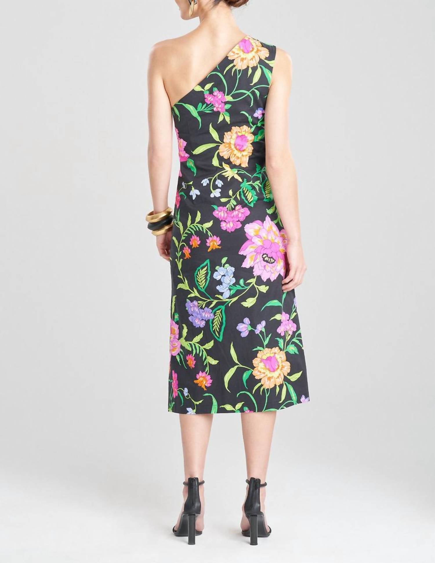 Natori Junko Cotton Poplin Asymmetrical Drape Dress in black multi - women's dress - detail view