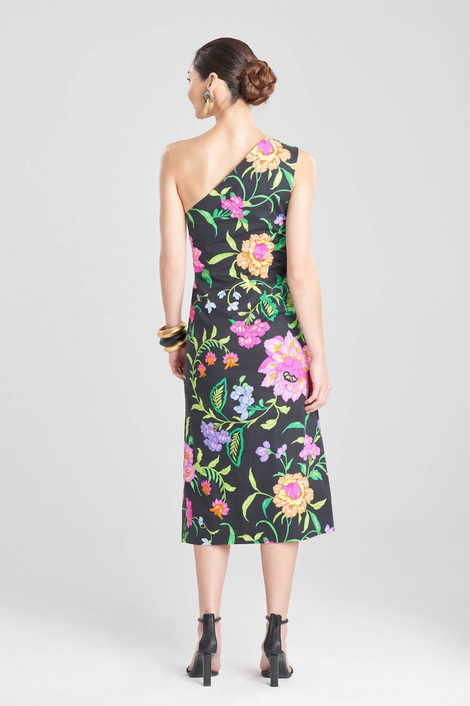 Natori Junko Cotton Poplin Asymmetrical Drape Dress in black multi - women's dress - alternate view